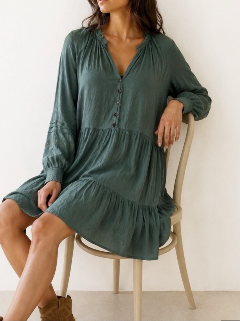 Knox Rose Green Ruffle Layered Pockets Lined Peasant Boho Dress Size Small